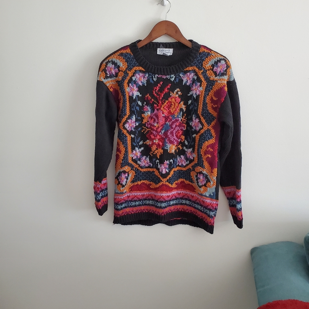 Vintage baroque floral knit sweater size petite small reference point art deco